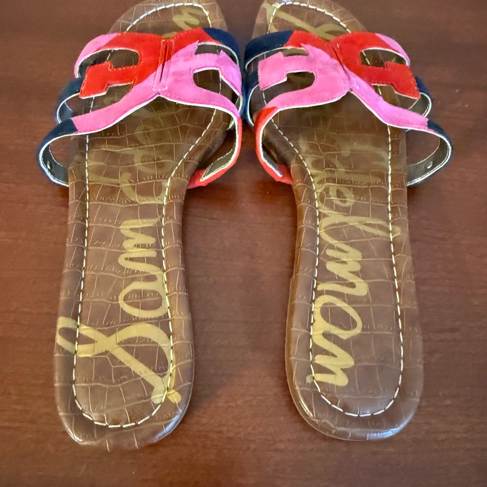 Sam Edelman Multicolor Suede Slide Sandals - Pink, Red, Navy on Brown Footbed - Picture 2 of 4